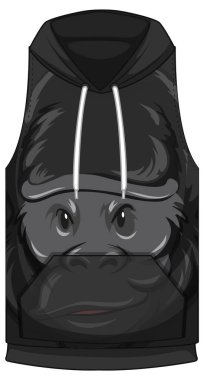 Kapüşonlunun önü kolsuz, goril yüzlü resimli.