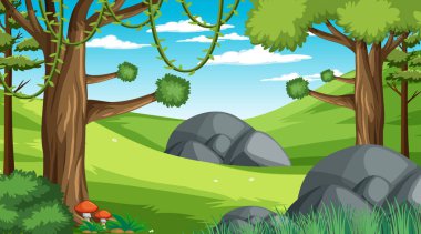 Orman gündüz sahnesinde çeşitli orman bitkileri ve ağaç resimleriyle