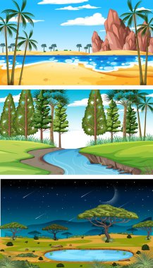 Üç farklı doğa yatay görüntü çizimi