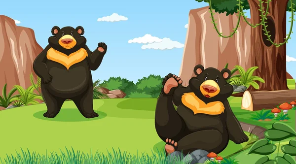 Asian Black Bear Moon Bear Forest Rainforest Scene Illustration — Stock Vector