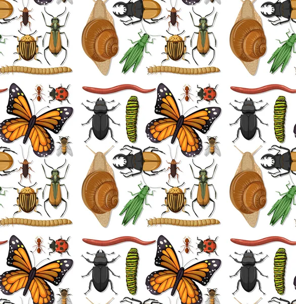 Patrón Sin Costuras Con Muchos Insectos Sobre Fondo Blanco Ilustración — Vector de stock