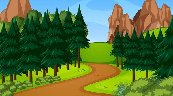 Scène Forestière Avec Divers Arbres Forestiers Sentier Pédestre Illustration — Image vectorielle