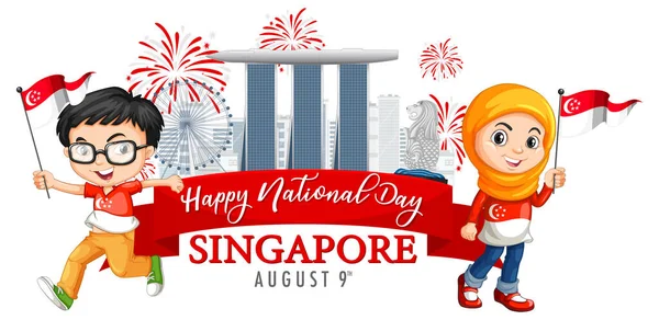 Singapore Nationale Dag Spandoek Met Marina Bay Sands Singapore Illustratie — Stockvector