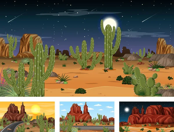 Different Desert Forest Landscape Scenes Animals Plants Illustration — Stock Vector