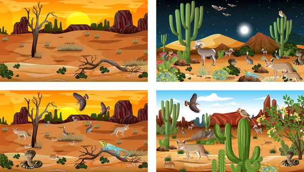 Quatro Cenas Diferentes Paisagem Floresta Deserto Com Animais Plantas Ilustração —  Vetores de Stock