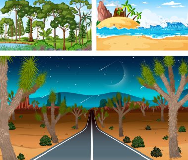 Çizgi film stili illüstrasyonunda farklı doğa yatay sahneleri