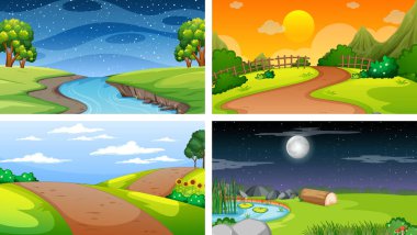 Doğa parkı ve orman illüstrasyonunun dört farklı sahnesi