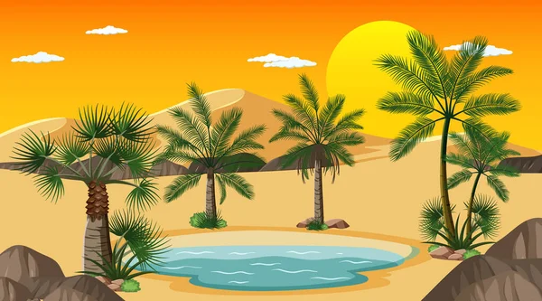 Woestijnbos Landschap Bij Zonsondergang Tijd Scène Met Oase Illustratie — Stockvector