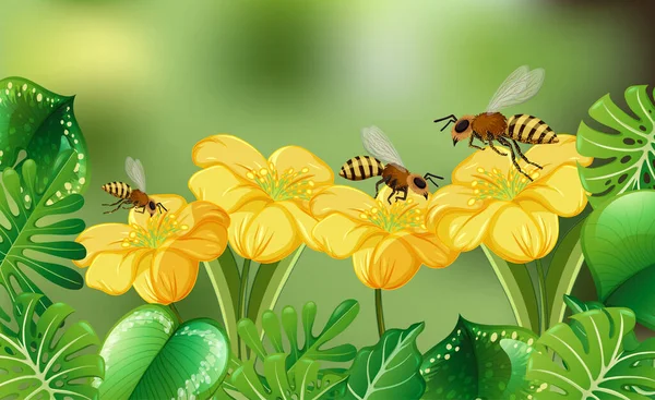 多くのミツバチのイラストと青みがかった自然背景 — ストックベクタ