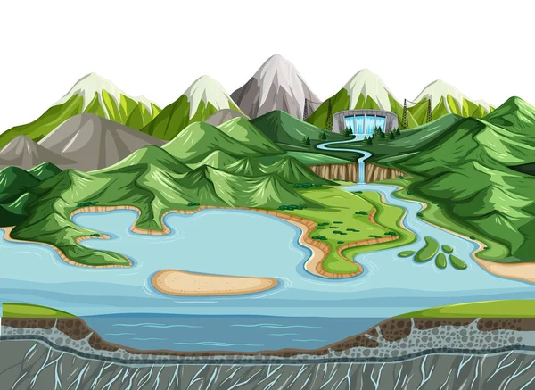 Paisaje Escena Naturaleza Con Presa Capas Suelo Ilustración — Vector de stock