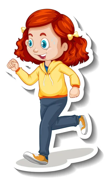 Desenhos Animados Personagem Adesivo Com Uma Menina Jogging Fundo Branco — Vetor de Stock