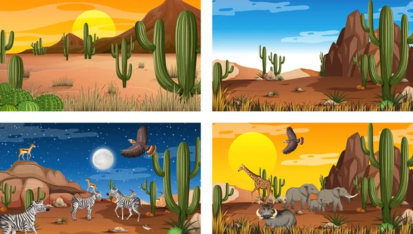Verschiedene Szenen Mit Wüstenwaldlandschaft Mit Tieren Und Pflanzen Illustration — Stockvektor