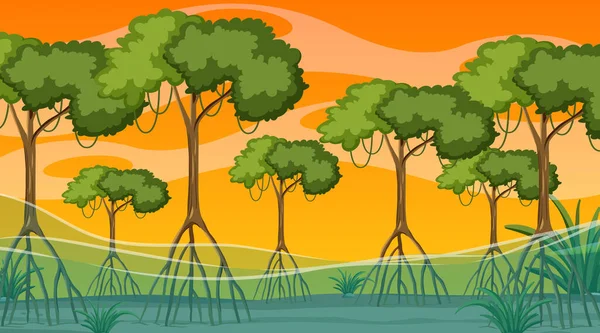 Escena Naturaleza Con Bosque Manglares Atardecer Ilustración Estilo Dibujos Animados — Vector de stock