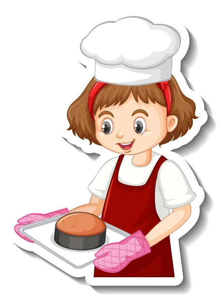 Sticker Design Baker Girl Holding Baked Tray Illustration — Stock Vector