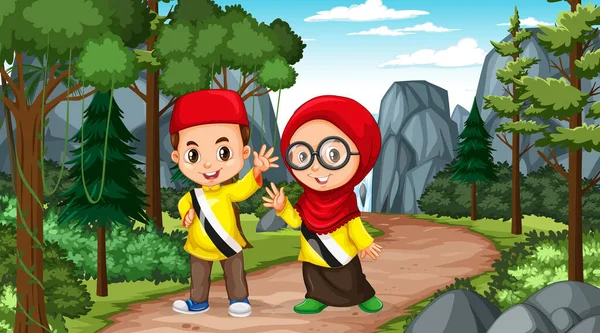 Brunejské Děti Nosí Tradiční Oblečení Lesní Scéně Ilustrace — Stockový vektor