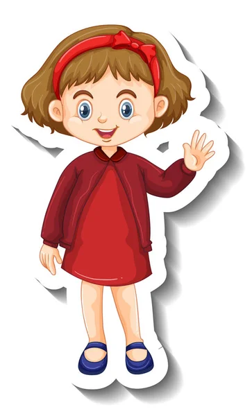 Kleines Mädchen Roten Kleid Cartoon Figur Aufkleber Illustration — Stockvektor