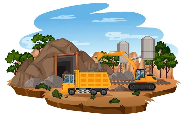 用起重机和卡车图解的煤矿景观 — 图库矢量图片