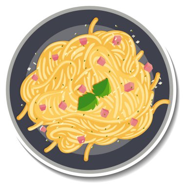 Top view of paghetti carbonara dish sticker on white background illustration