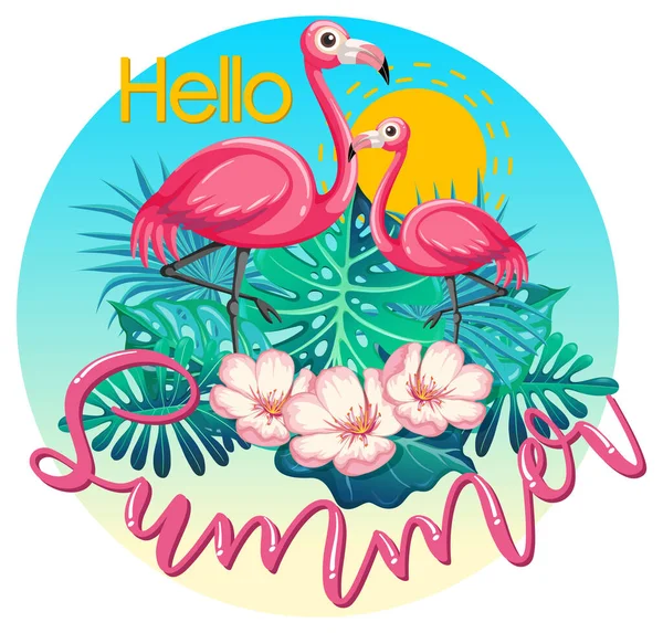 Hello Summer Logo Banner Flamingo Tropical Leaves Isolated Illustration — Stock vektor