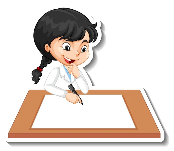 Etiqueta Engomada Personaje Dibujos Animados Con Una Chica Escribiendo Papel — Vector de stock