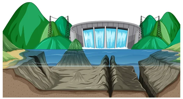 ウォーターダムを背景にした風景イラスト — ストックベクタ