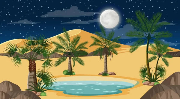 Desert Forest Landscape Night Scene Small Oasis Illustration — Vetor de Stock
