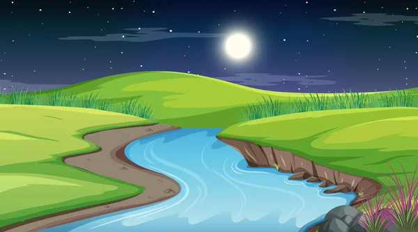 Natur Waldlandschaft Bei Nacht Szene Mit Langen Fluss Fließt Durch — Stockvektor