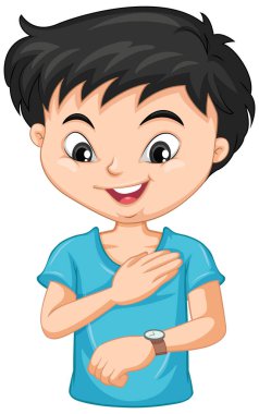 Boy cartoon character looking at wrist watch illustration