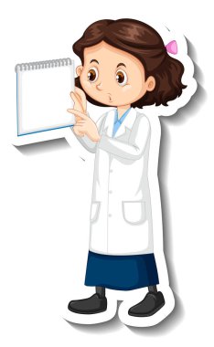 Scientist girl cartoon character holding blank note  illustration