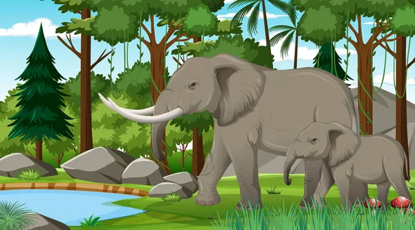 Éléphant Maman Bébé Dans Forêt Forêt Tropicale Scène Avec Nombreux — Image vectorielle