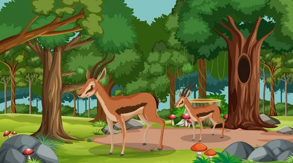 Impala Groupe Dans Forêt Scène Jour Avec Nombreux Arbres Illustration — Image vectorielle