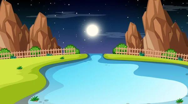 Paisaje Del Bosque Natural Escena Nocturna Con Río Largo Que — Vector de stock