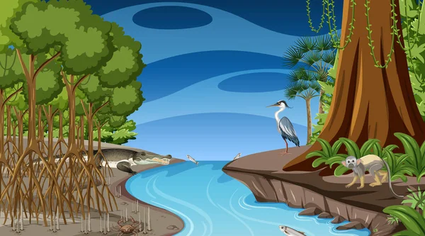 Nature Scene Mangrove Forest Night Time Cartoon Style Illustration — Διανυσματικό Αρχείο