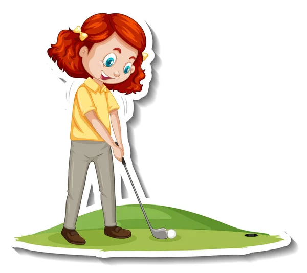 Tegneserie Karakter Klistermærke Med Pige Spiller Golf Illustration – Stock-vektor