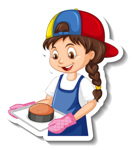 Cartoon Character Sticker Chef Girl Holding Baked Tray Illustration — Stock Vector