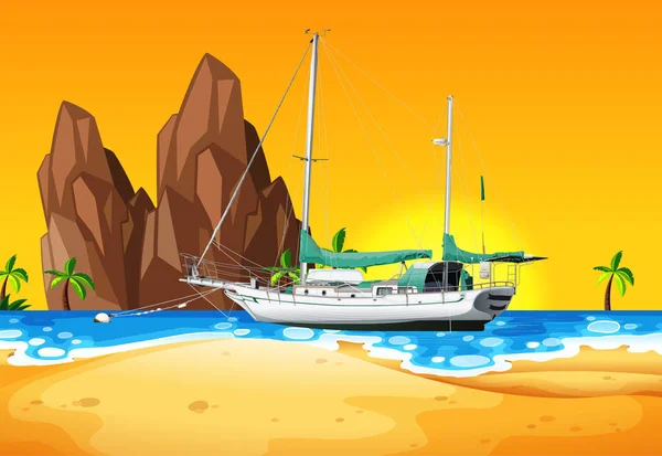 Beach Scene Ship Sea Illustration — Archivo Imágenes Vectoriales