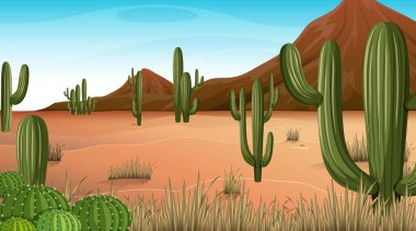 Desert forest landscape at daytime scene with many cactuses illustration clipart