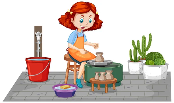 Cartoon Character Girl Making Pottery Clay White Background Illustration — Stock Vector