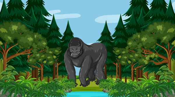 Gorilla Wald Oder Regenwald Szene Mit Vielen Bäumen Illustration — Stockvektor