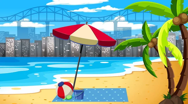 Escena Paisaje Playa Tropical Con Ilustración Fondo Paisaje Urbano — Archivo Imágenes Vectoriales