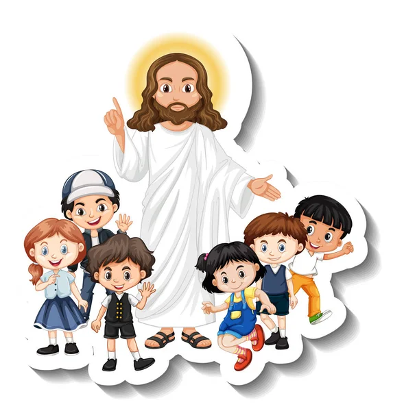 Jesus Cristo Com Crianças Grupo Adesivo Fundo Branco Ilustração — Vetor de Stock