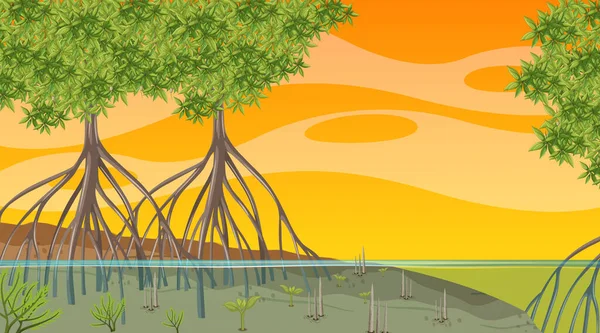 Scène Nature Avec Forêt Mangroves Coucher Soleil Dans Illustration Style — Image vectorielle
