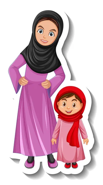 Mère Musulmane Fille Personnage Dessin Animé Autocollant Sur Fond Blanc — Image vectorielle