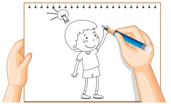 Dibujo Mano Del Niño Con Idea Ilustración Del Contorno Lámpara — Vector de stock