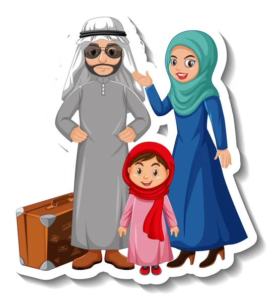 白色背景图上快乐的阿拉伯家庭卡通人物贴纸 — 图库矢量图片