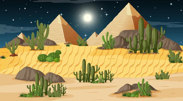 Wüstenwald Landschaft Bei Nacht Szene Mit Pyramiden Illustration — Stockvektor