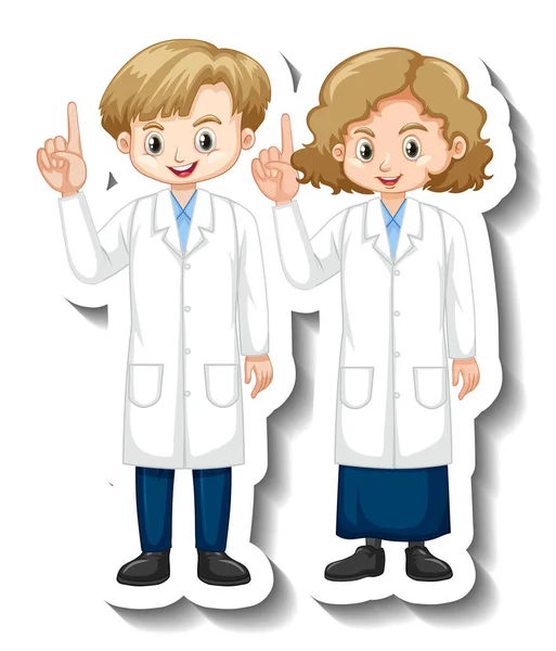 Desenhos Animados Personagem Adesivo Com Crianças Ciência Vestido Ilustração —  Vetores de Stock