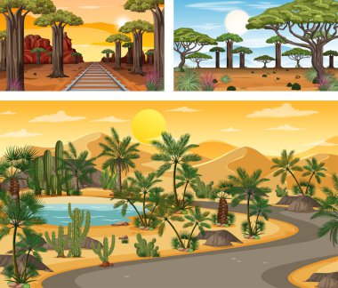 Çizgi film stili illüstrasyonunda farklı doğa yatay sahneleri