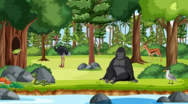 Farklı vahşi hayvan örnekleriyle dolu orman sahnesi