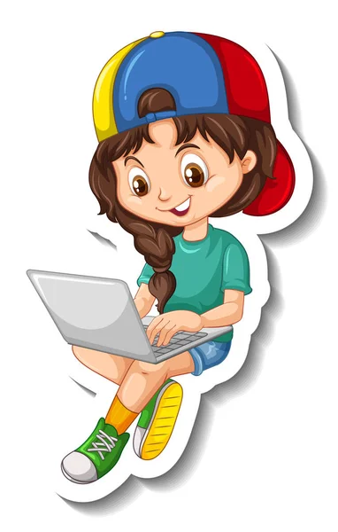 Uma Menina Usando Laptop Desenho Animado Personagem Adesivo Ilustração — Vetor de Stock
